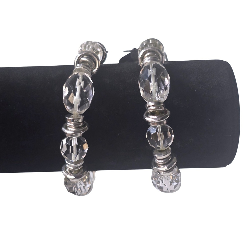 Cookie Lee Clear Faceted Glass Bead Stretch Bracelet Set of 2 Silver Tone 93068
